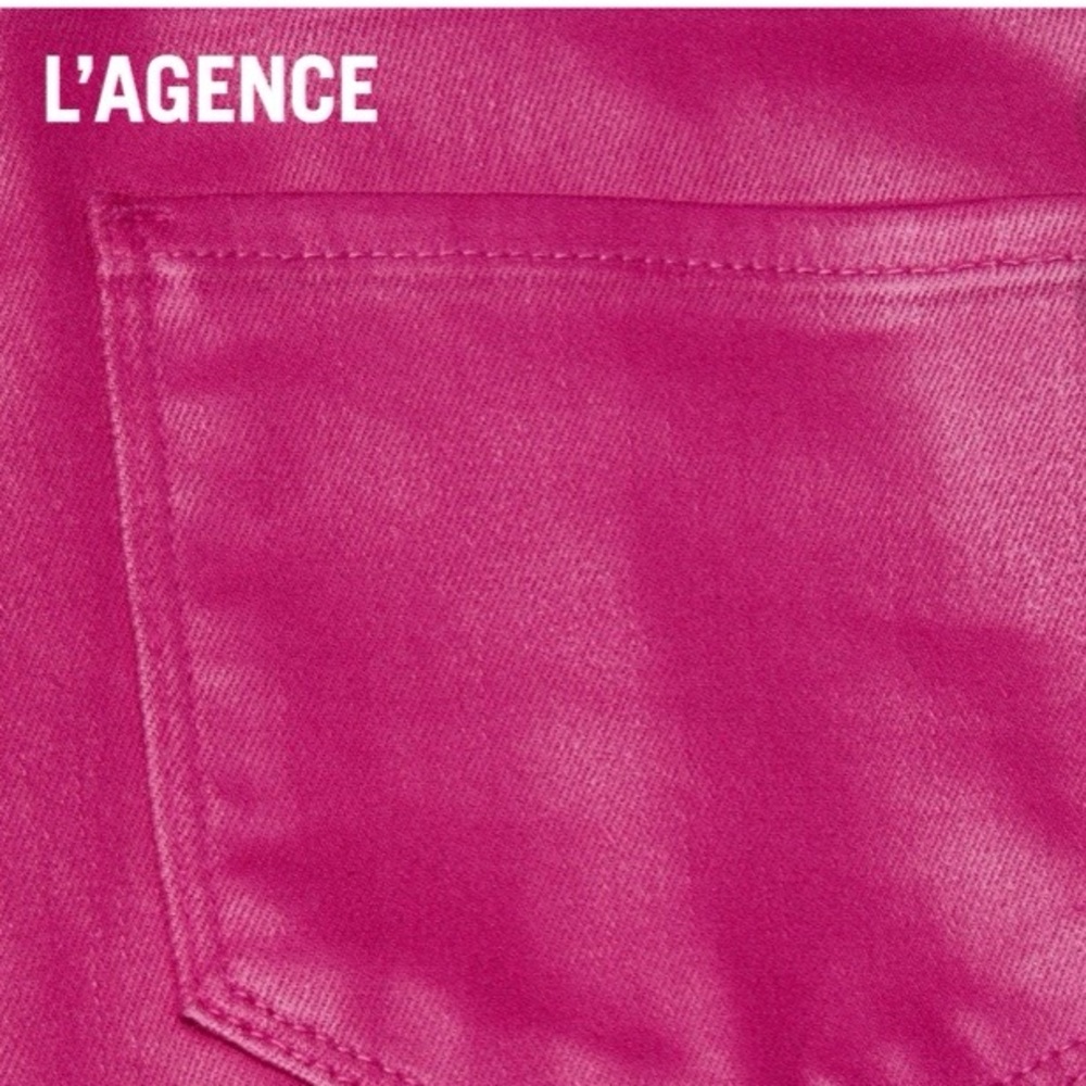 NWT L’AGENCE Marty High Rise Flare Coated Jeans Fuchsia Pink Leather Look Sz 26 - Picture 14 of 15